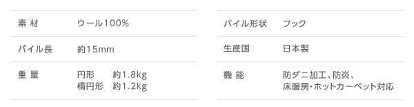 素材:ウール100%/バイル形状:フック/パイル長:約15mm/重量:円形 約1.8kg　楕円形 約1.2kg/機能:防ダニ加工、防炎、床暖房・ホットカーペット対応/生産国:日本製