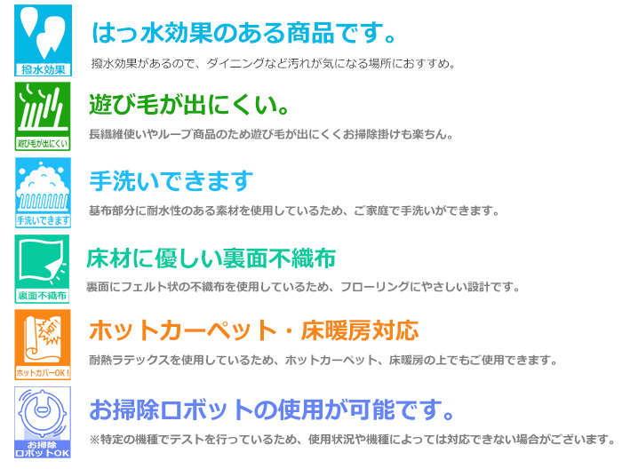 【主な機能】撥水、遊び毛が出にくい、手洗いできる、裏面不織布、ホットカーペット・床暖房対応、お掃除ロボット対応