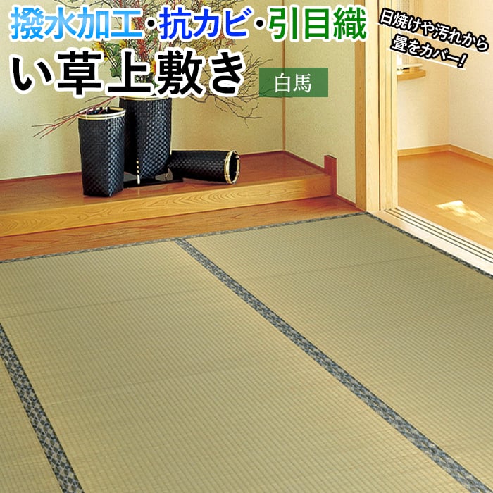 撥水加工を施した上敷き。 畳の素材である「い草」を気軽に味わうことができる敷き詰めタイプの上敷きです。 はっ水加工付きで、水などをこぼしても未加工品よりも拭き取りが簡単にできるので、小さなお子様がいる