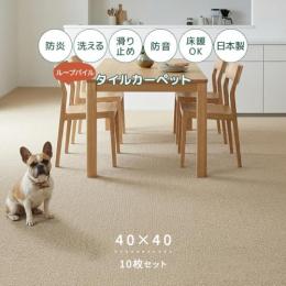 タイルカーペット 洗える 防音 ズレにくい 日本製 床暖房対応 置くだけ ループパイル 足音軽減 キッチン 廊下 ペット 約40×40cm 10枚セット らくぴたループ (S)