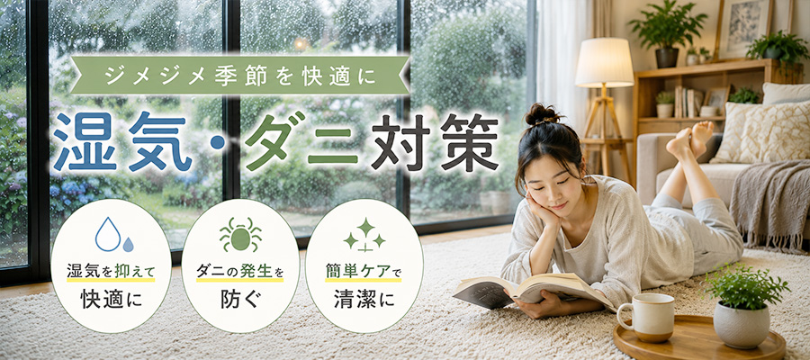 どんよりした梅雨の時期、窓の外に雨が降る中で快適に整えられた清潔でサラサラなリビングルームのイメージ画像
