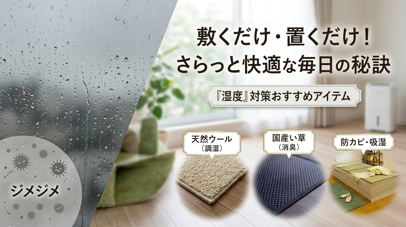 雨の日の窓辺と、湿度の高そうなじめじめした部屋のイメージ。カビ対策を意識させる清潔感のある空間。