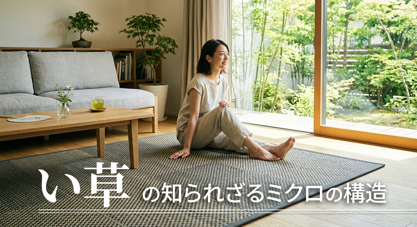 現代的なリビングのフローリングに敷かれた、洗練されたデザインの国産い草カーペットと爽やかなインテリア