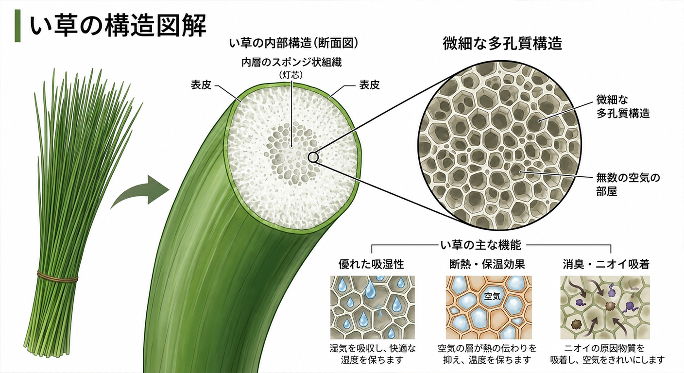 い草の構造図解。表皮と内側にあるスポンジ状の灯芯、微細な多孔質構造が優れた吸湿性や断熱・保温効果、消臭・ニオイ吸着効果を生み出す様子を解説した図