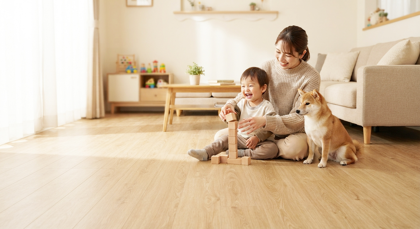 明るいリビングでペットがくつろいでいる様子と、傷に強くお手入れが簡単なクッションフロアのイメージ画像