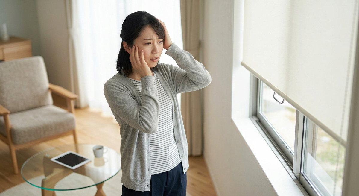 ロールスクリーンの選び方や設置後のトラブルに困っている女性のイメージ