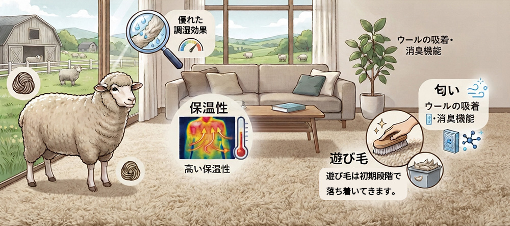 上質な手触りと優れた調湿性を持つウール素材のカーペットの質感とインテリアコーディネート写真